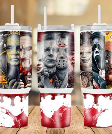 Horror Movie Fan Tumbler with Handle & Straw - Spooky Character Design