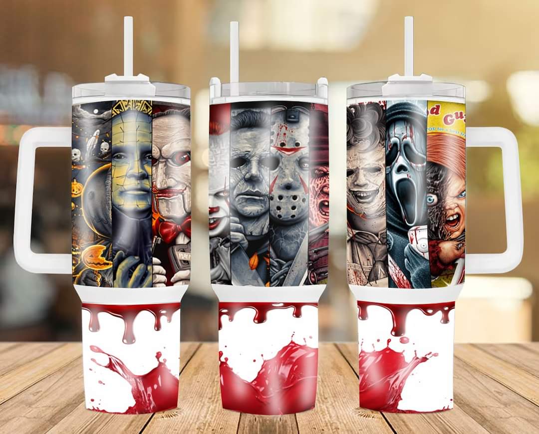 Horror Movie Fan Tumbler with Handle & Straw - Spooky Character Design