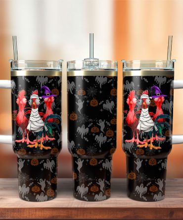 Spooky Halloween Rooster Tumbler - Fun & Festive Drinkware with Handle and Straw