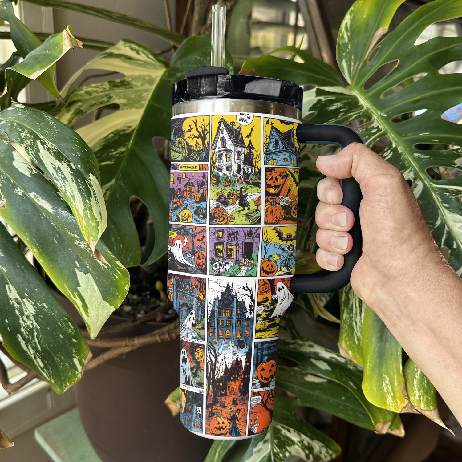 Spooky Halloween Travel Tumbler with Straw - Haunted House Design - Image 4