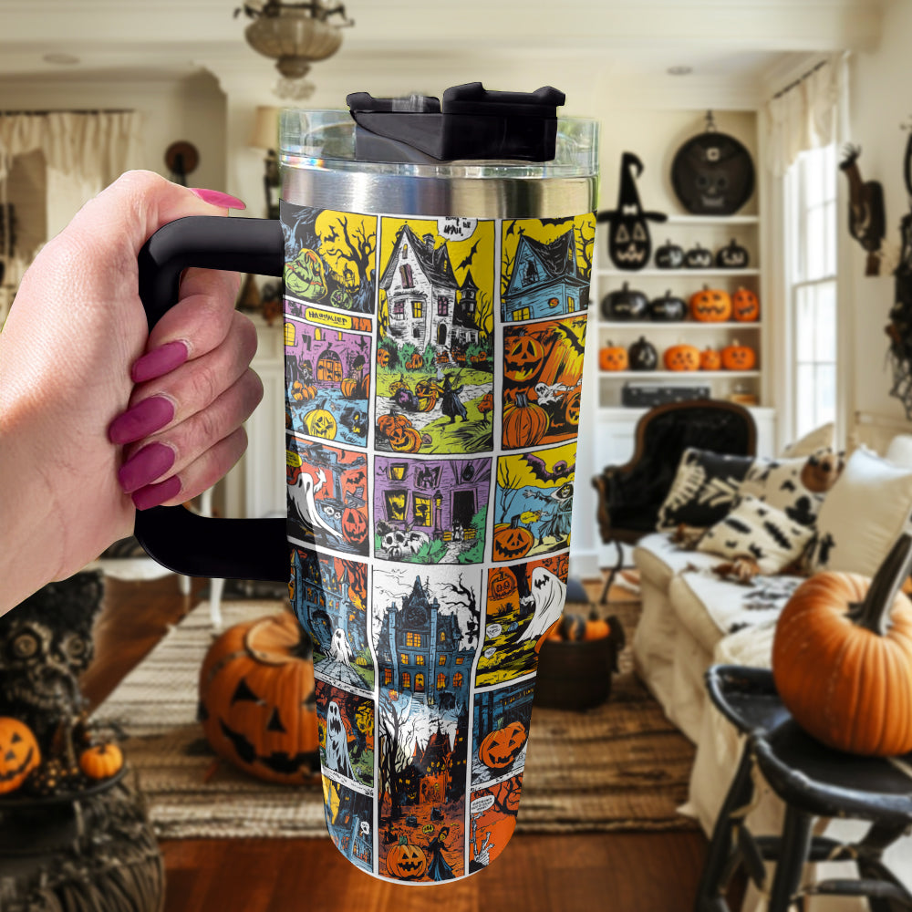 Spooky Halloween Travel Tumbler with Straw - Haunted House Design - Image 2