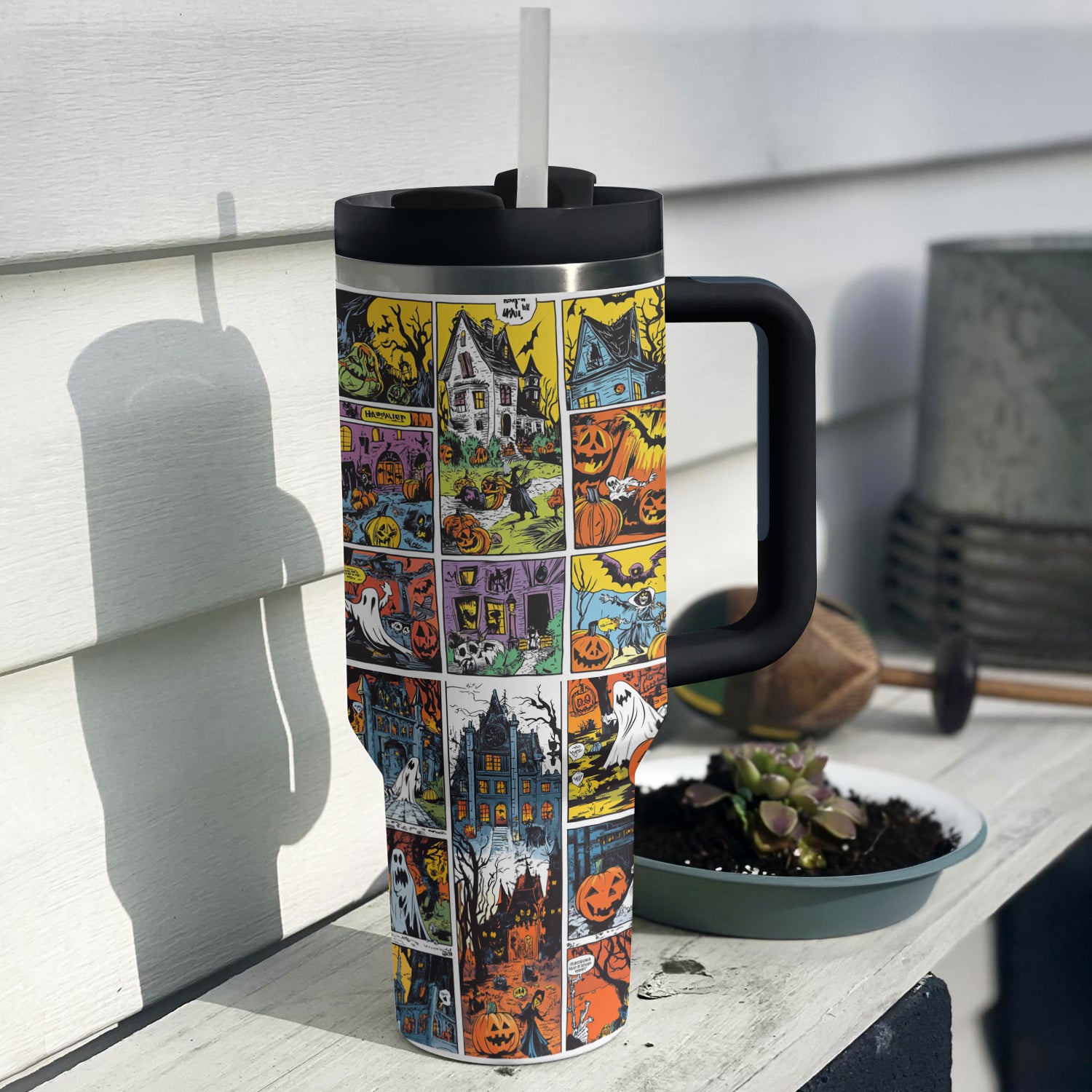 Spooky Halloween Travel Tumbler with Straw - Haunted House Design - Image 3