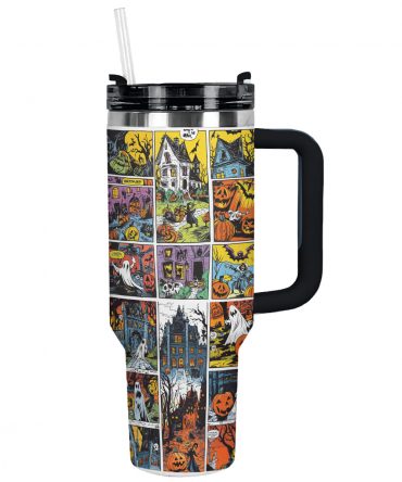 Spooky Halloween Travel Tumbler with Straw - Haunted House Design