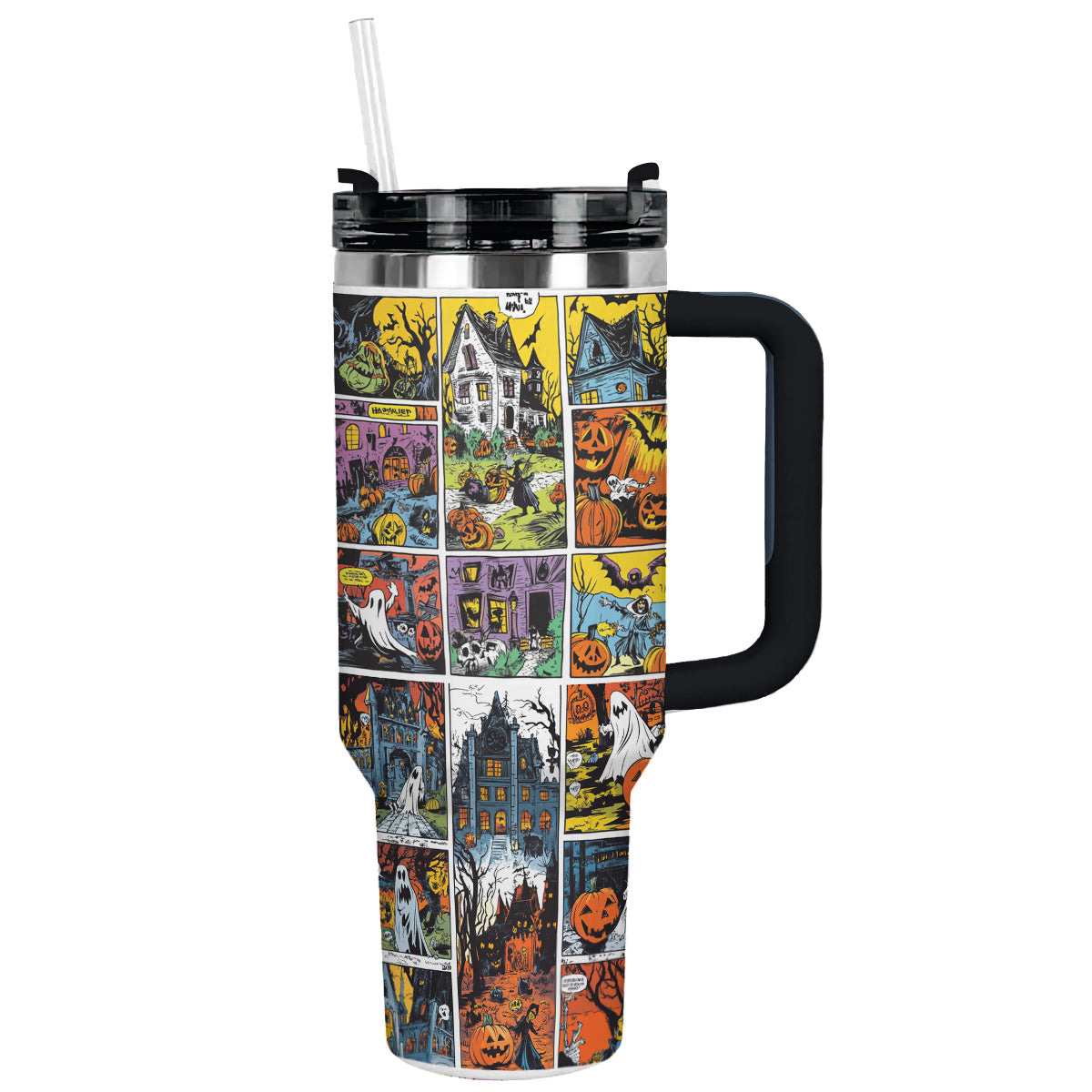 Spooky Halloween Travel Tumbler with Straw - Haunted House Design