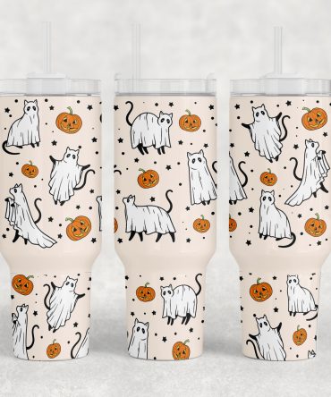 Spooky Cat Halloween Tumbler with Straw - Cute Ghost Kitty Design