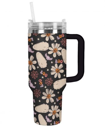 Spooky Floral Tumbler with Straw - Halloween Ghosts & Daisies Design Mug