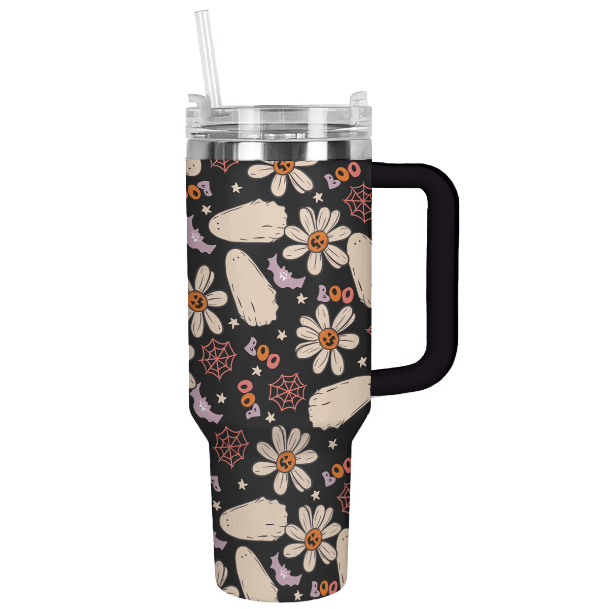 Spooky Floral Tumbler with Straw - Halloween Ghosts & Daisies Design Mug
