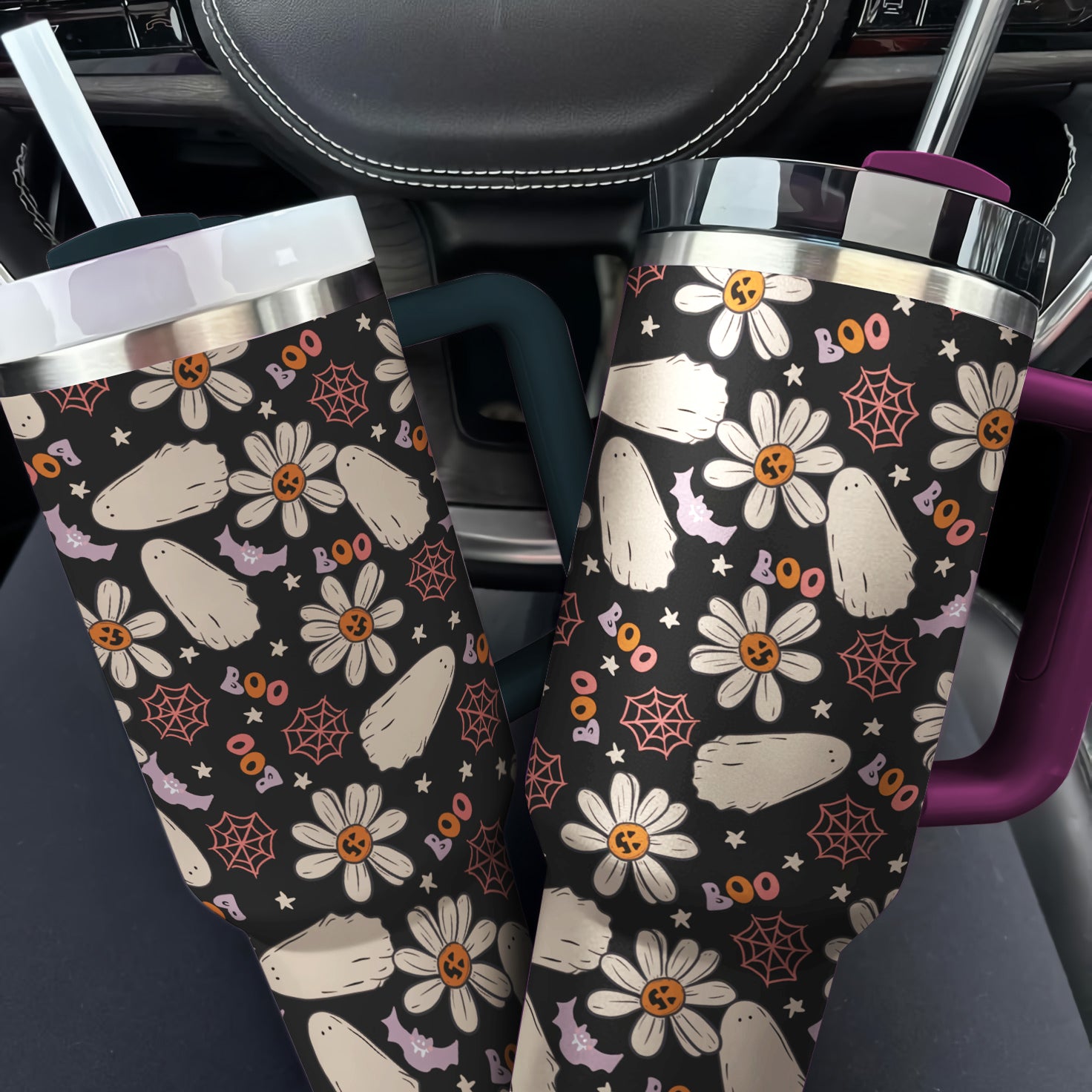 Spooky Floral Tumbler with Straw - Halloween Ghosts & Daisies Design Mug - Image 2