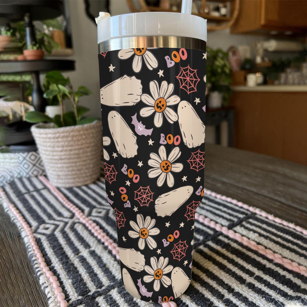 Spooky Floral Tumbler with Straw - Halloween Ghosts & Daisies Design Mug - Image 4