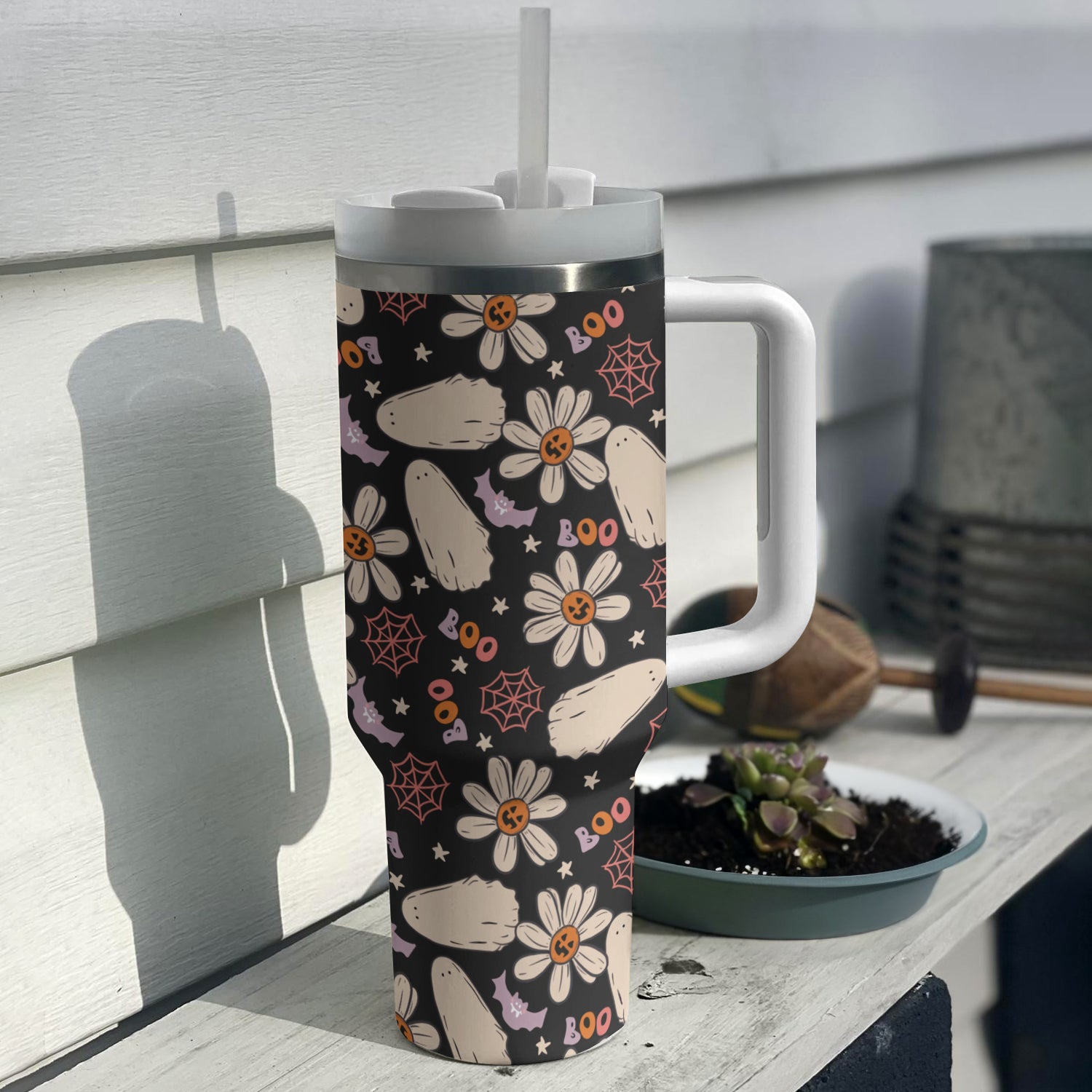 Spooky Floral Tumbler with Straw - Halloween Ghosts & Daisies Design Mug - Image 3
