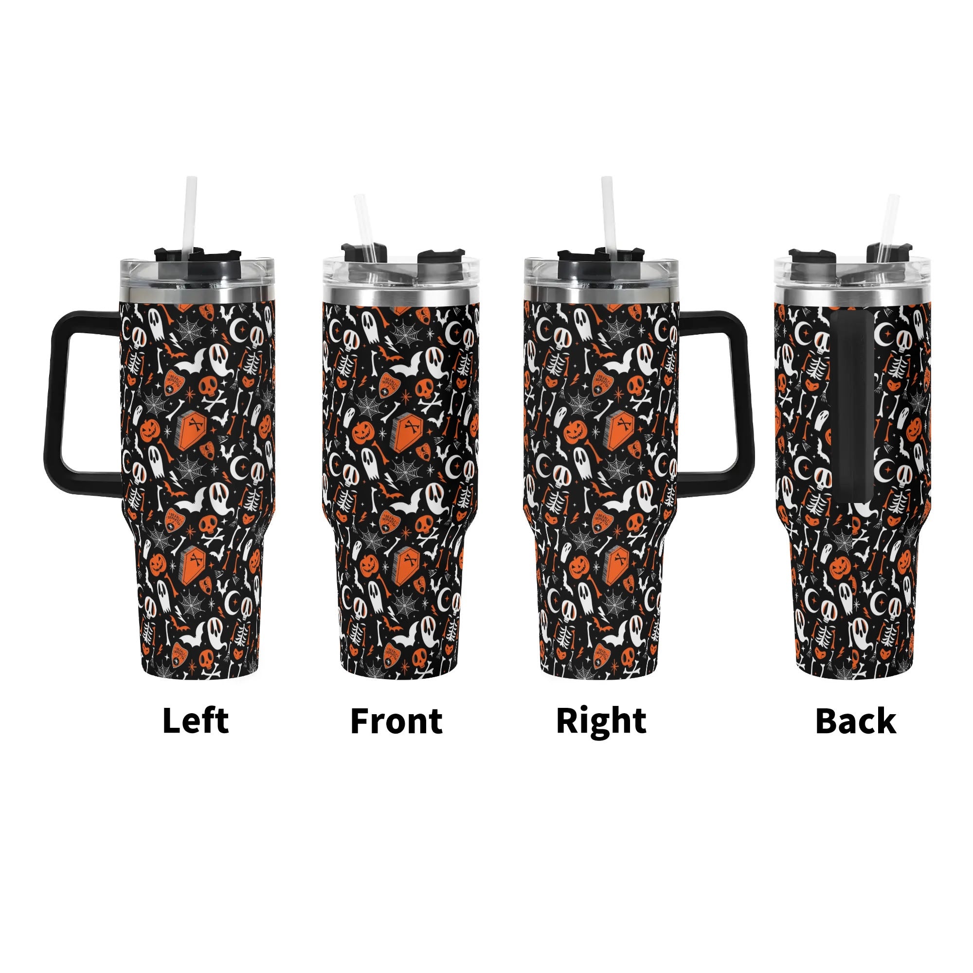 Spooky Delight Halloween Travel Mug - Skeleton, Ghost & Pumpkin Design - Image 2
