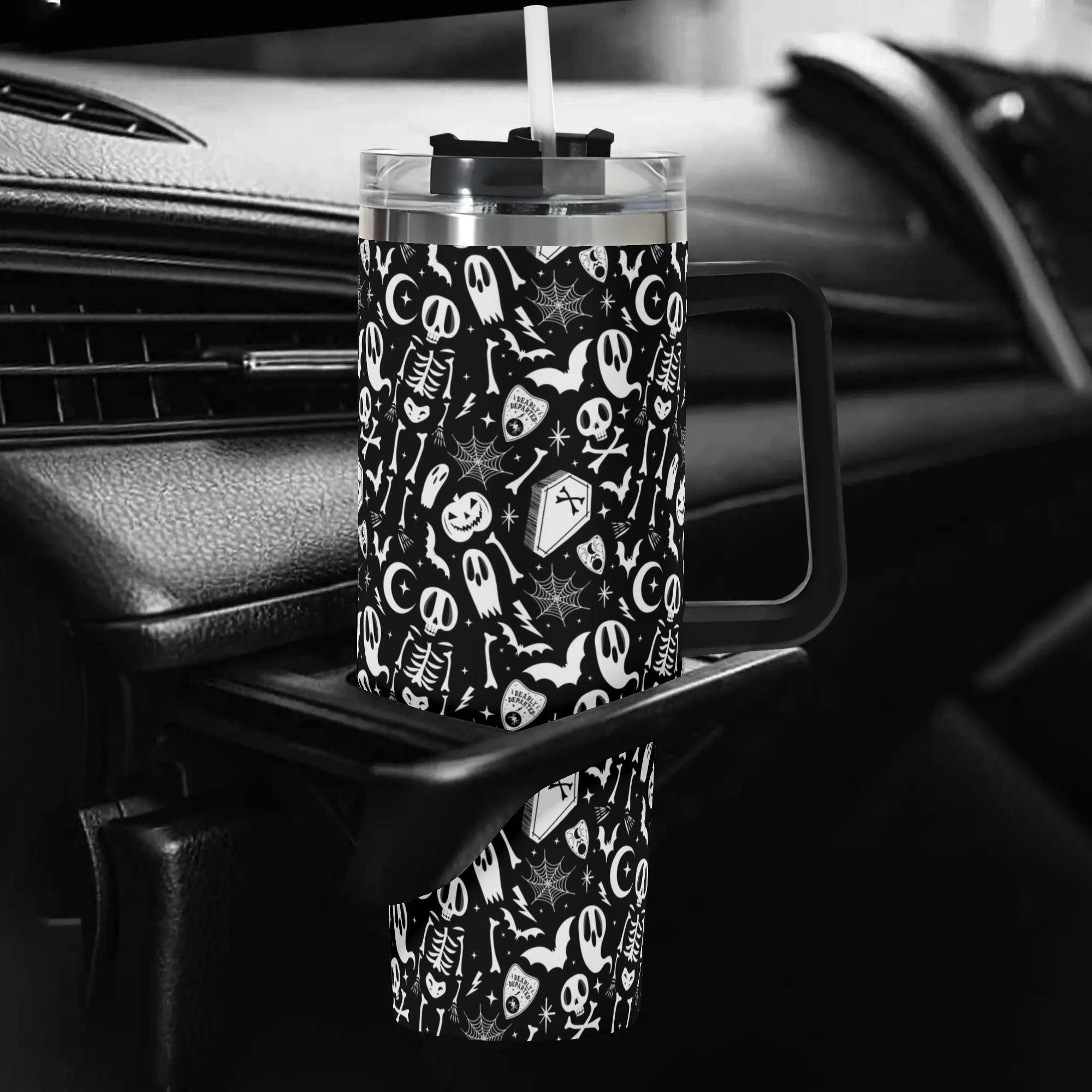 Spooky Skeleton & Ghosts Tumbler with Straw - 40oz Halloween Travel Mug - Image 5