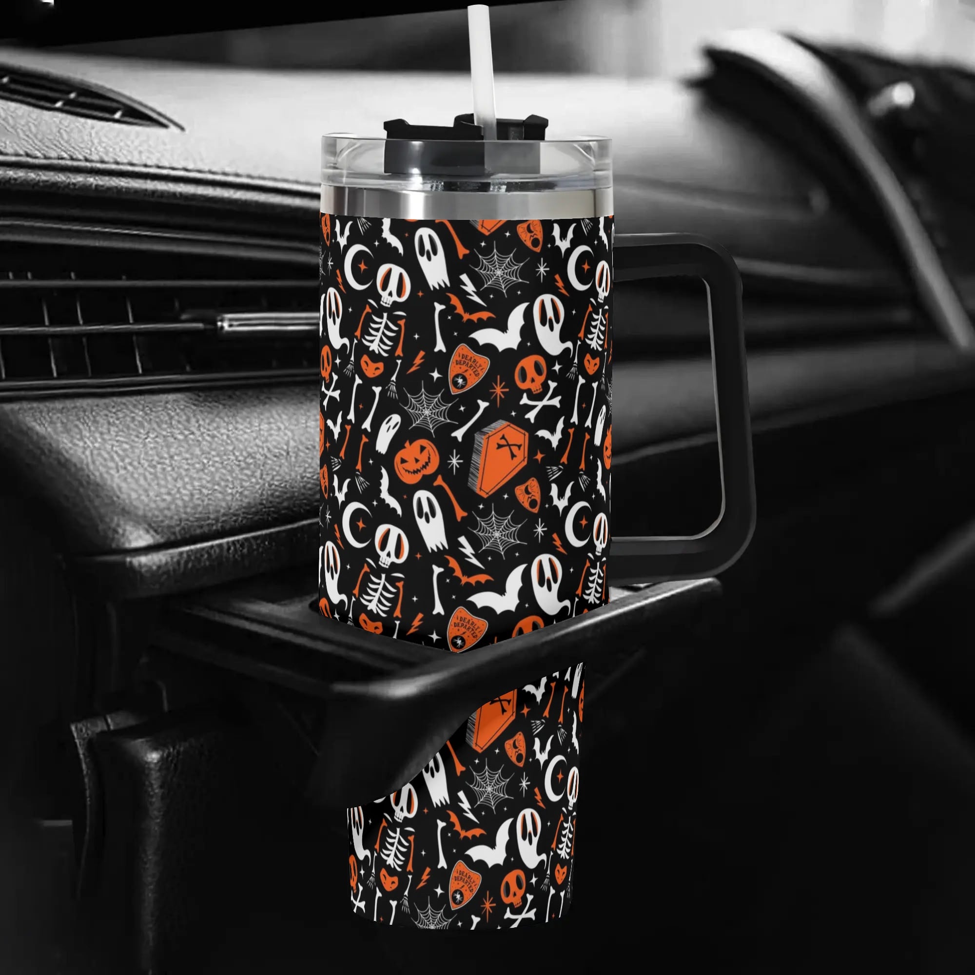 Spooky Delight Halloween Travel Mug - Skeleton, Ghost & Pumpkin Design - Image 5
