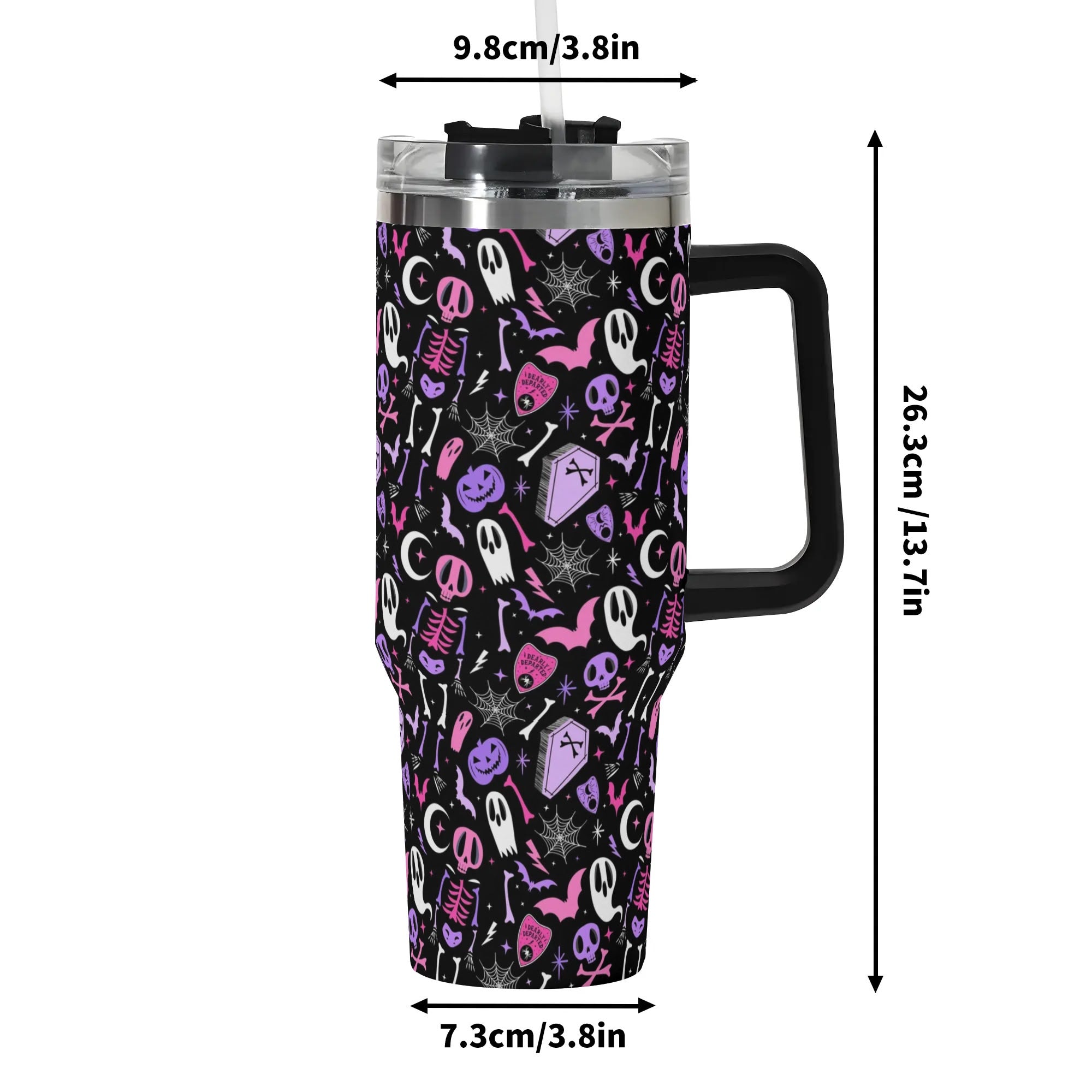 Spooky Chic Insulated Tumbler with Handle - Halloween Skeleton & Ghost Design - Image 6