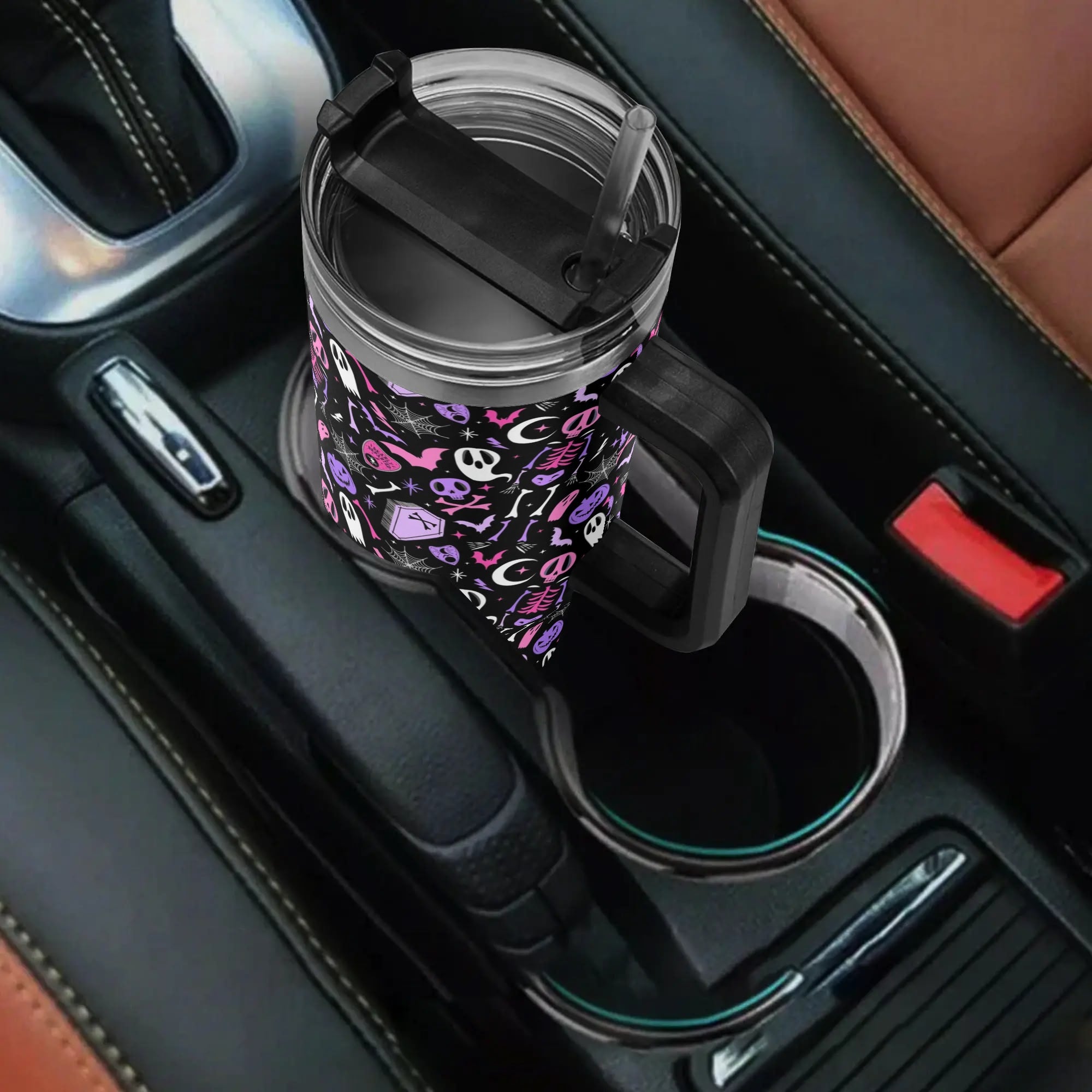 Spooky Chic Insulated Tumbler with Handle - Halloween Skeleton & Ghost Design - Image 4