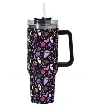 Spooky Chic Insulated Tumbler with Handle - Halloween Skeleton & Ghost Design