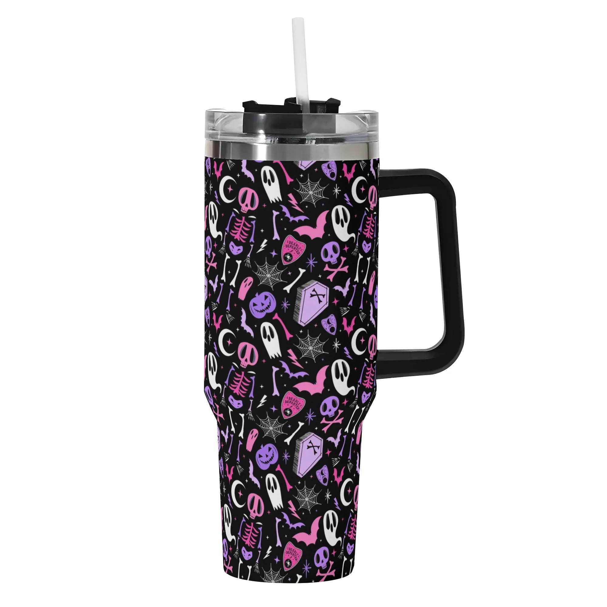 Spooky Chic Insulated Tumbler with Handle - Halloween Skeleton & Ghost Design