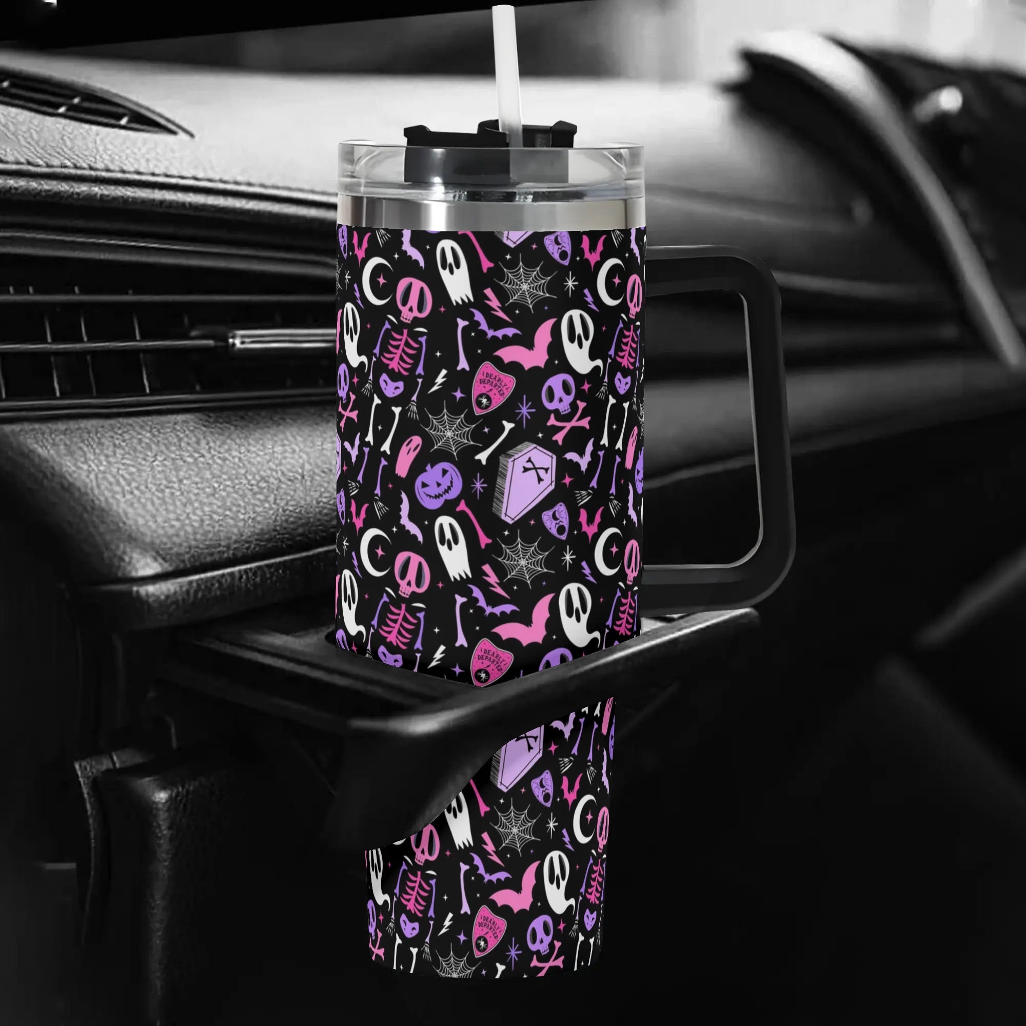 Spooky Chic Insulated Tumbler with Handle - Halloween Skeleton & Ghost Design - Image 5