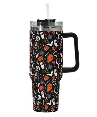 Spooky Delight Halloween Travel Mug - Skeleton, Ghost & Pumpkin Design