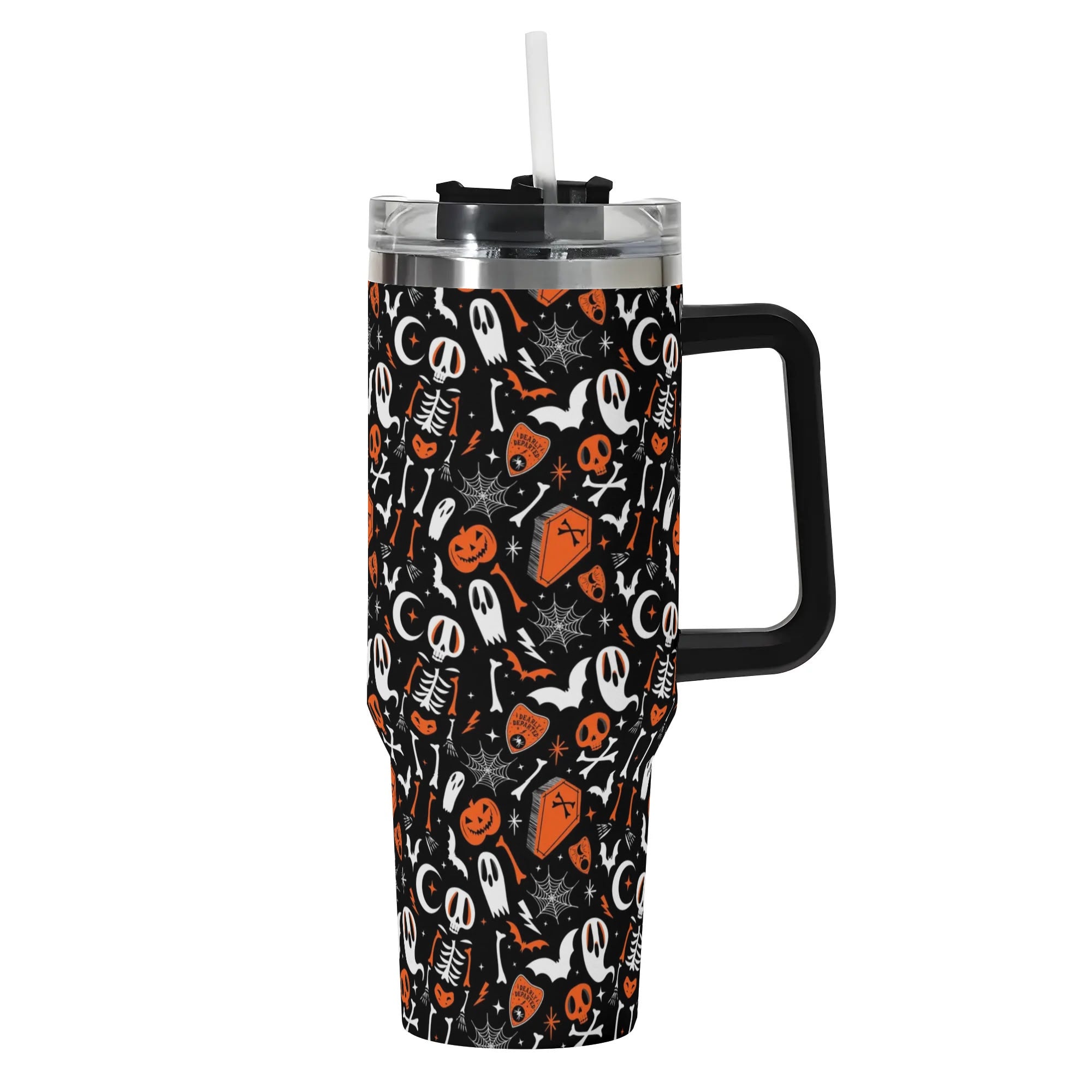 Spooky Delight Halloween Travel Mug - Skeleton, Ghost & Pumpkin Design
