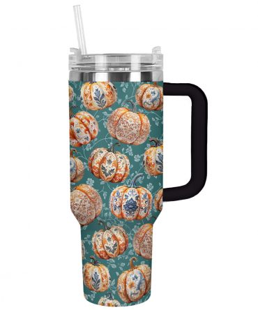 Fall Pumpkin Pattern Insulated Tumbler with Handle & Straw - 40oz