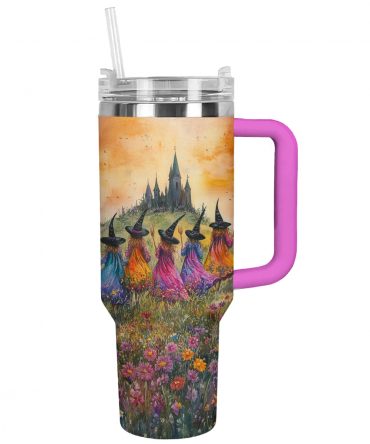Magical Witch Castle Tumbler with Straw - Enchanting Floral Design, 40oz