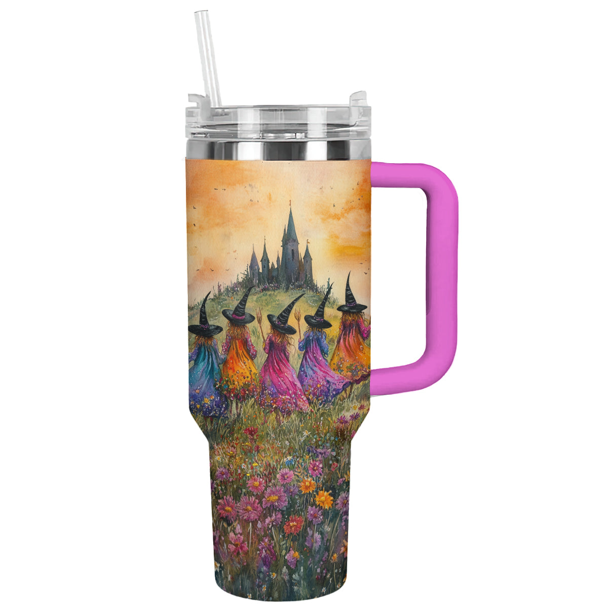 Magical Witch Castle Tumbler with Straw - Enchanting Floral Design, 40oz