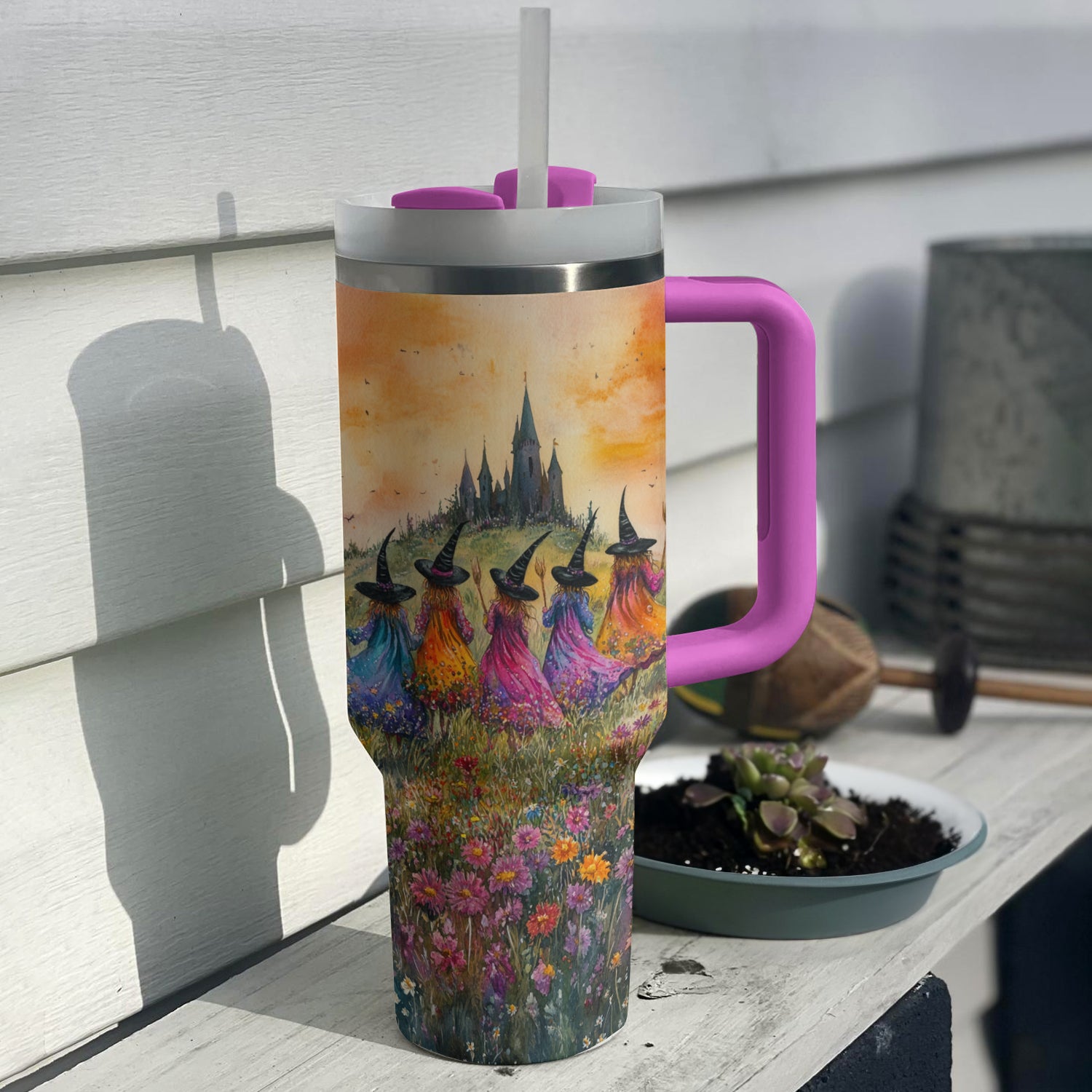 Magical Witch Castle Tumbler with Straw - Enchanting Floral Design, 40oz - Image 4