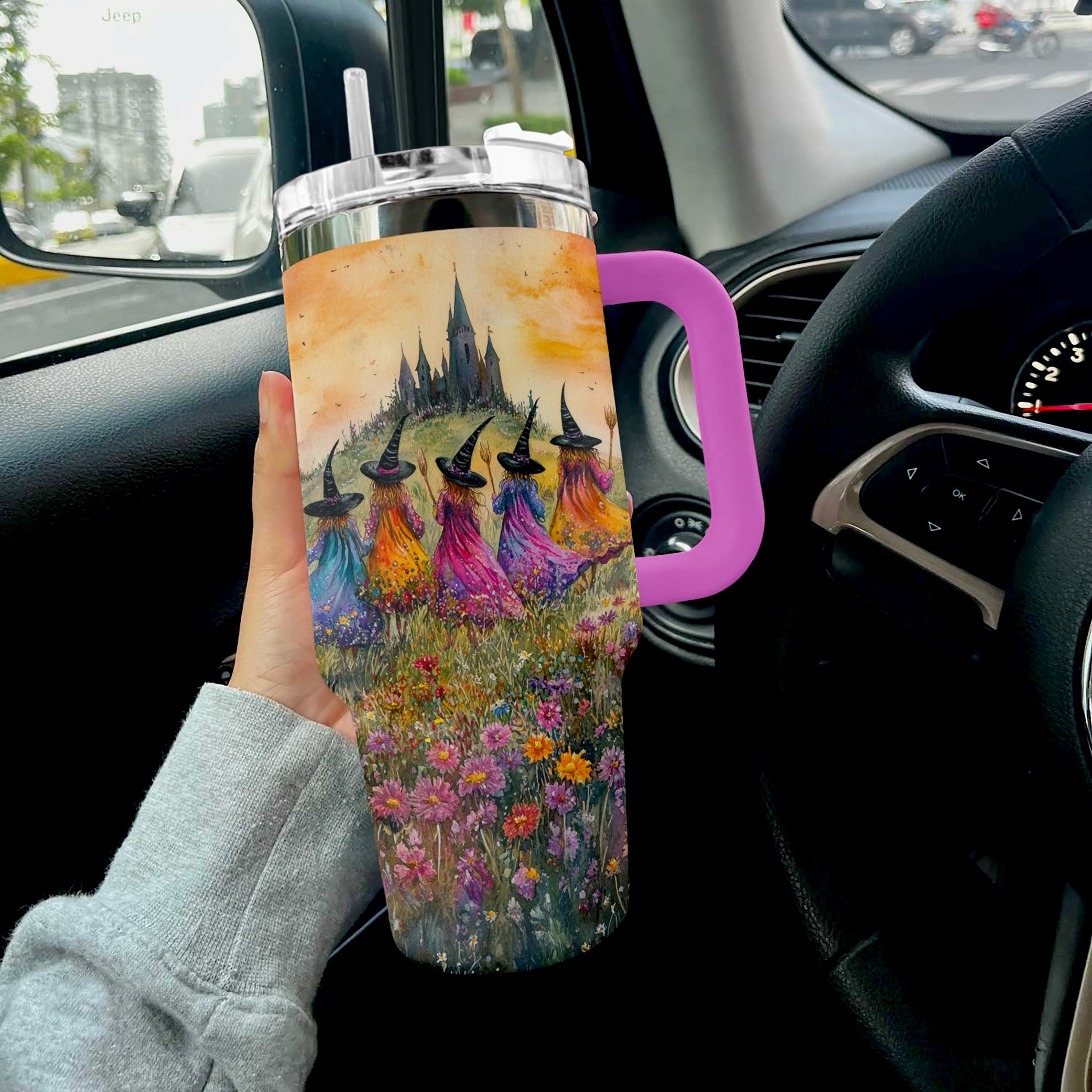 Magical Witch Castle Tumbler with Straw - Enchanting Floral Design, 40oz - Image 2