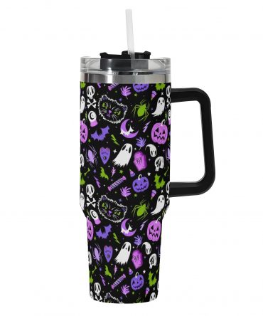 Spooky Halloween-Themed Tumbler with Handle & Straw - 40oz