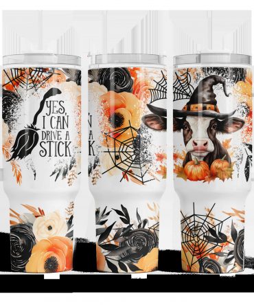 Witchy Cow Halloween Tumbler with Handle - Spooky Fall Travel Mug
