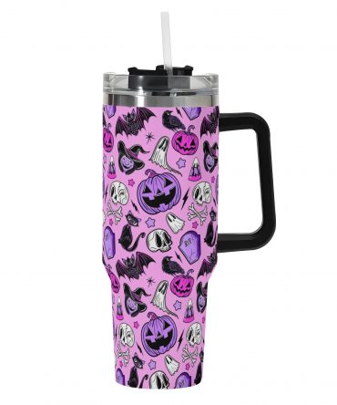 Spooky Halloween Travel Mug - 40oz Insulated Cup with Handle & Straw