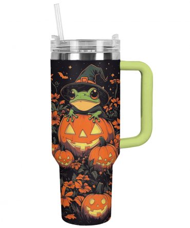 Halloween Frog Tumbler with Handle - Spooky Pumpkin Design