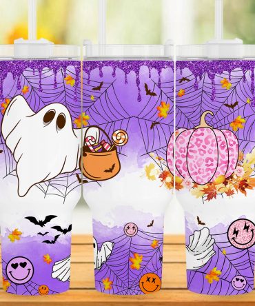 Halloween Ghost & Pumpkin Tumbler - Spooky Cute Design with Purple Webs