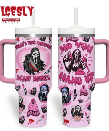 Spooky Scream Horror Movie-Themed Pink Travel Mug with Straw - 40oz