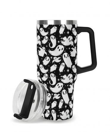 Spooky Ghost Travel Mug - Insulated Tumbler with Handle & Lid