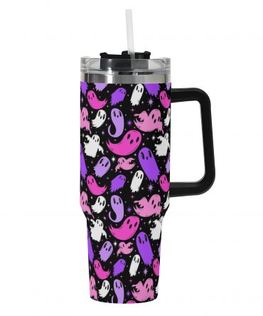 Spooky Vibes Ghost Pattern Travel Tumbler with Handle & Straw - 40oz