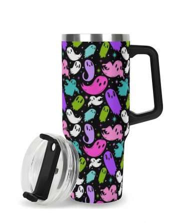 Colorful Ghost Pattern Travel Mug with Handle - Insulated & Spill-Proof