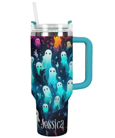 Personalized Ghostly Glow Tumbler with Handle - Spooky Fun Drinkware