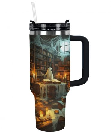 Spooky Ghost Library Tumbler - Insulated Travel Mug with Handle & Straw