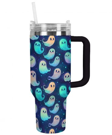 Spooky Ghosts Travel Tumbler with Handle & Straw - 40oz Insulated Cup
