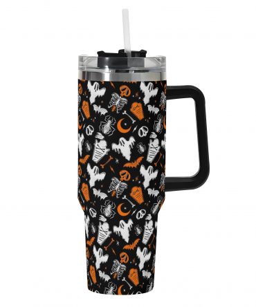 Spooky Halloween Tumbler with Straw & Handle - Ghosts, Bats & Skeletons Design