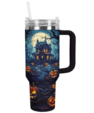 Spooky Halloween Insulated Travel Mug with Creepy Haunted House Design