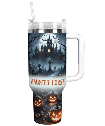 Spooky Haunted House Tumbler with Straw - Perfect for Halloween Sips!