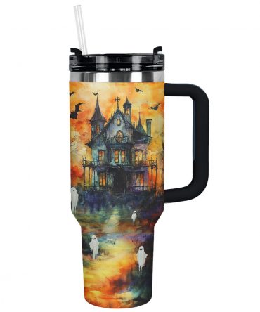 Spooky Haunted House Stainless Steel Tumbler with Straw - Perfect for Halloween