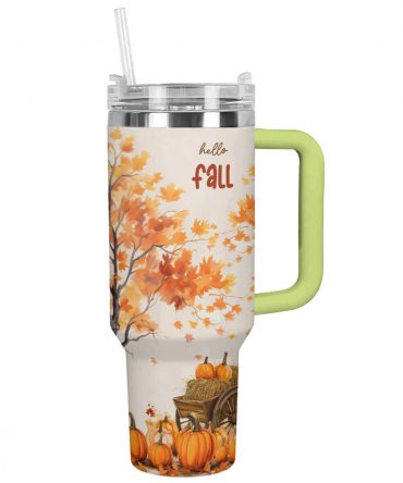 Hello Fall Autumn-Themed Insulated Tumbler with Straw & Handle