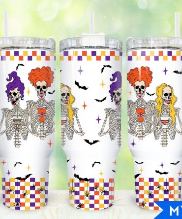 Spooky Skeleton Sisters Halloween Tumbler - 40oz Insulated Cup with Straw