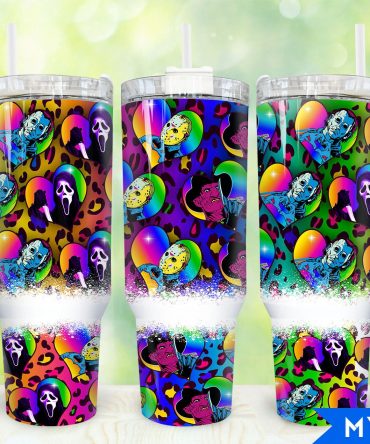 Colorful Horror Icons Tumbler - Vibrant 40oz Insulated Mug with Straw
