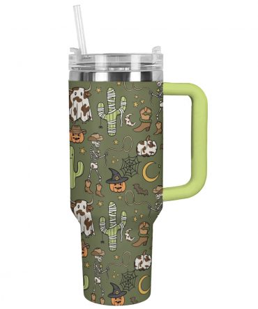 Halloween Western Cactus Tumbler - 40oz Insulated Cup with Handle & Straw