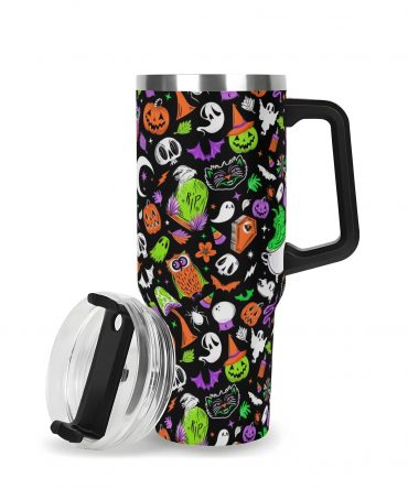 Spooky Halloween Travel Mug with Fun Ghost & Pumpkin Design - 40oz